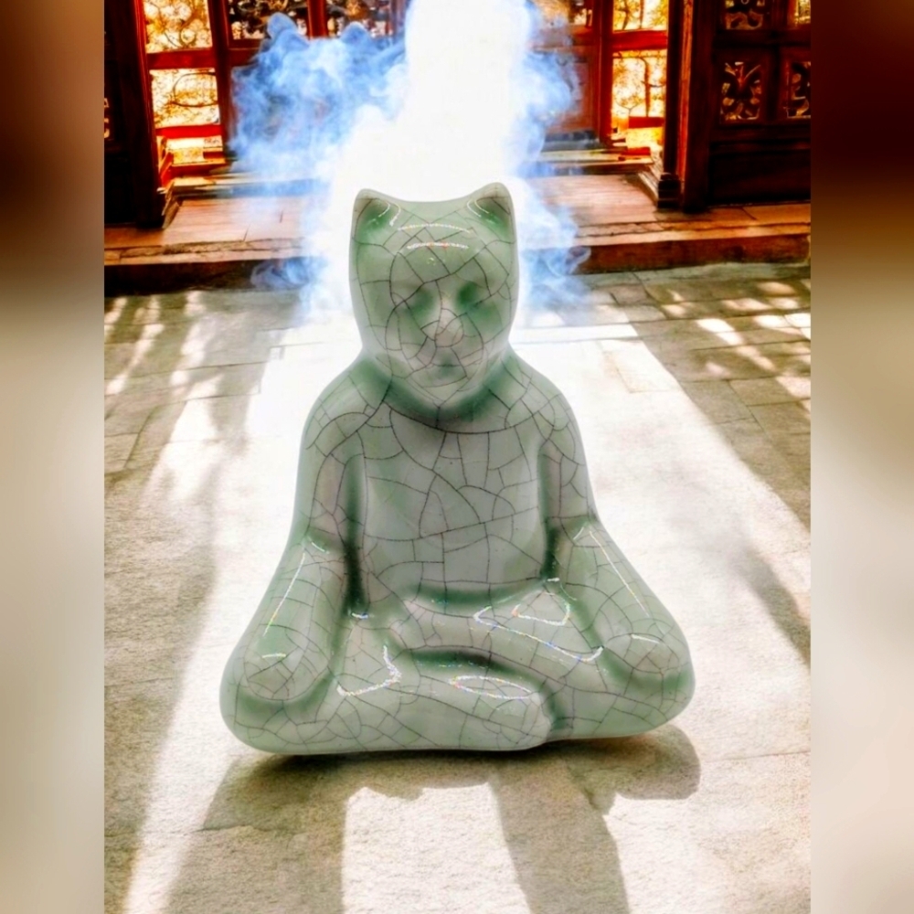 Venice Clay Gary Steinborn Zen Cat Ceramic Sculpture Crackle